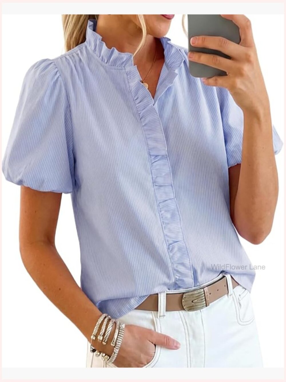 Short Puff Sleeve Button Down Shirt Striped Ruffle Stand Collar Blouse Business